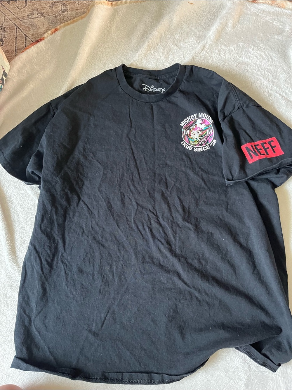 Disney Black Short-Sleeve Mickey Graphic Tee with Neff Sleeve Patch